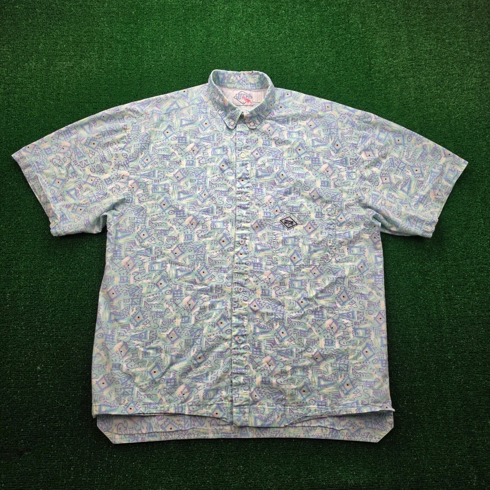 Vintage 90s Gotcha Shirt Mens Large Light Blue Green Surf Geometric Abstract AOP